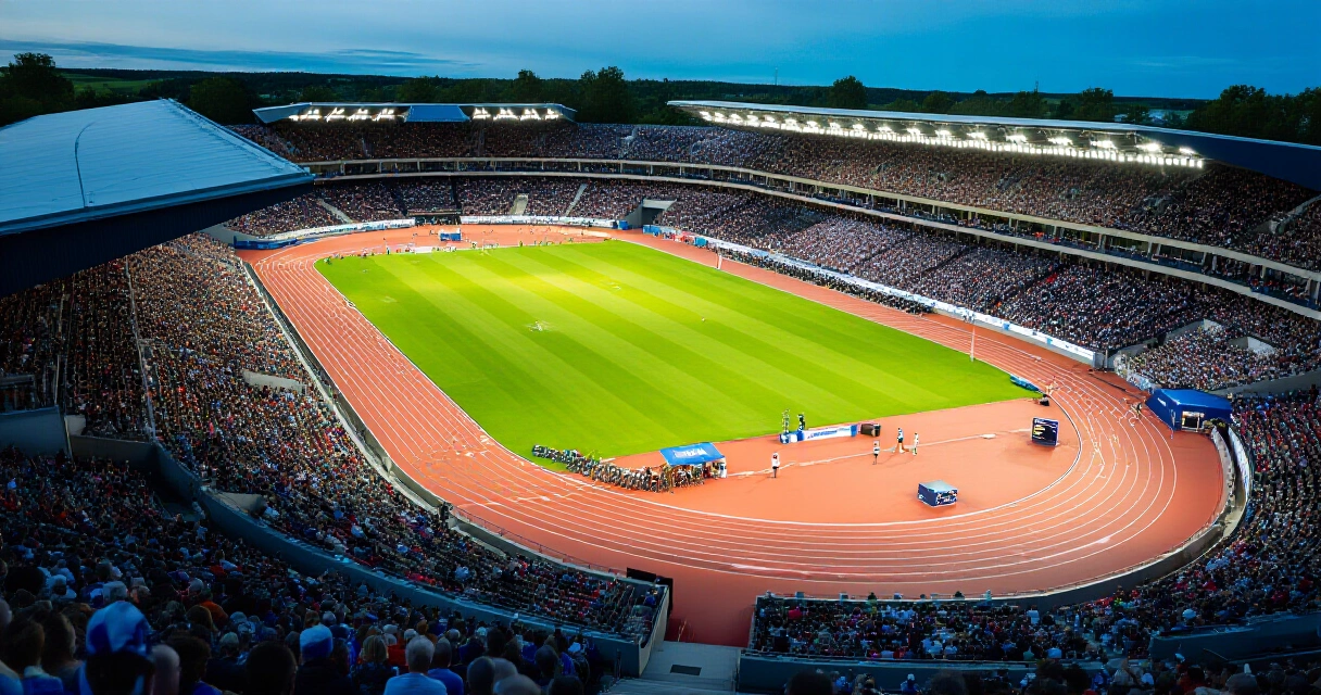 Suomalainen urheilustadion täynnä katsojia kansainvälisessä kilpailussa