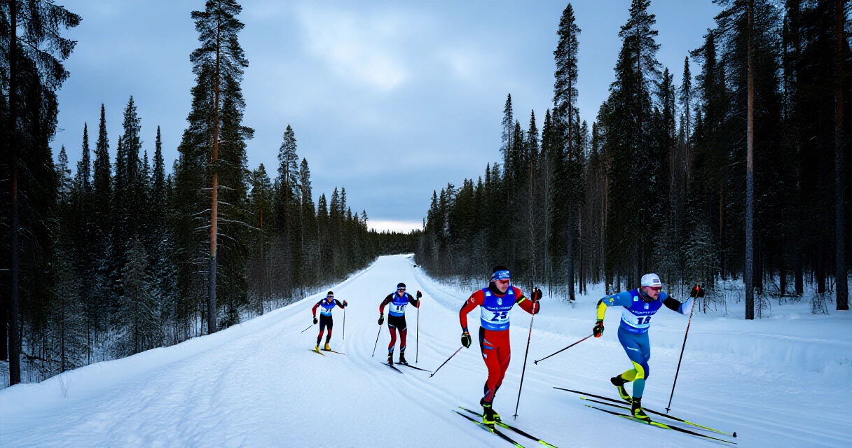 Maastohiihtokilpailu Suomessa lumisessa metsämaisemassa talvella