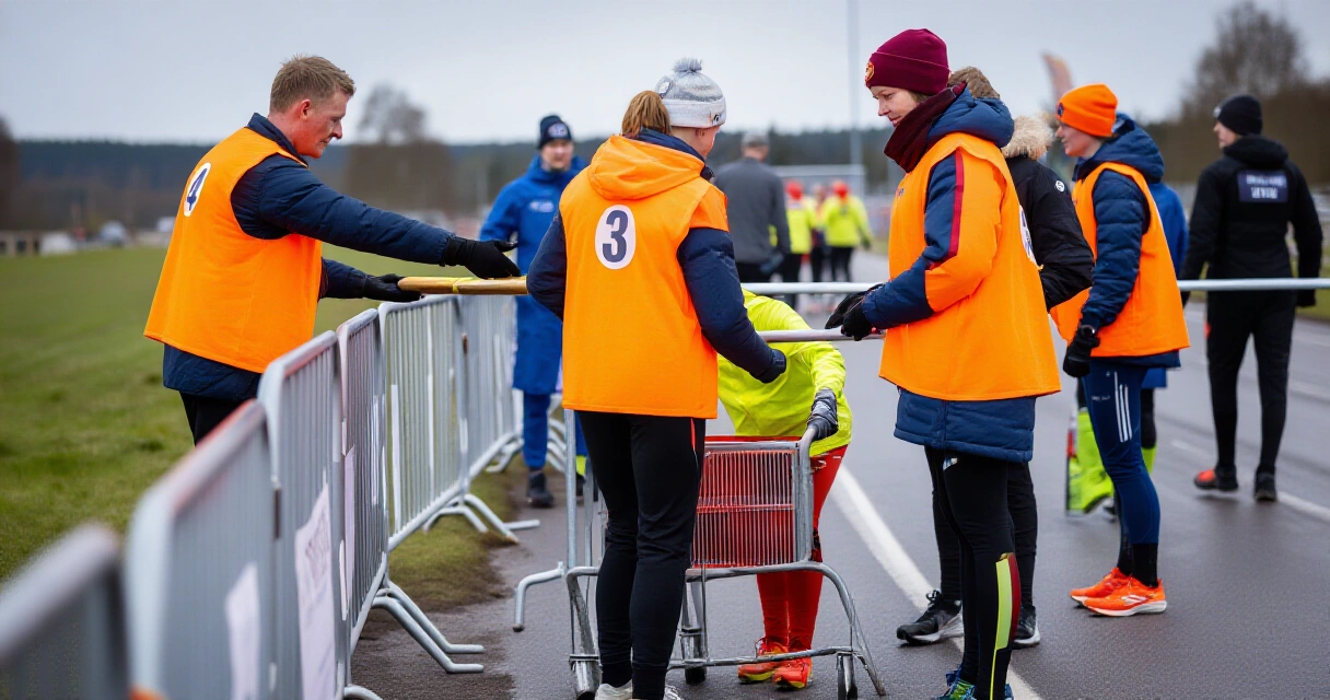 Talkoolaiset oransseissa liiveissä järjestämässä urheilutapahtumaa Suomessa