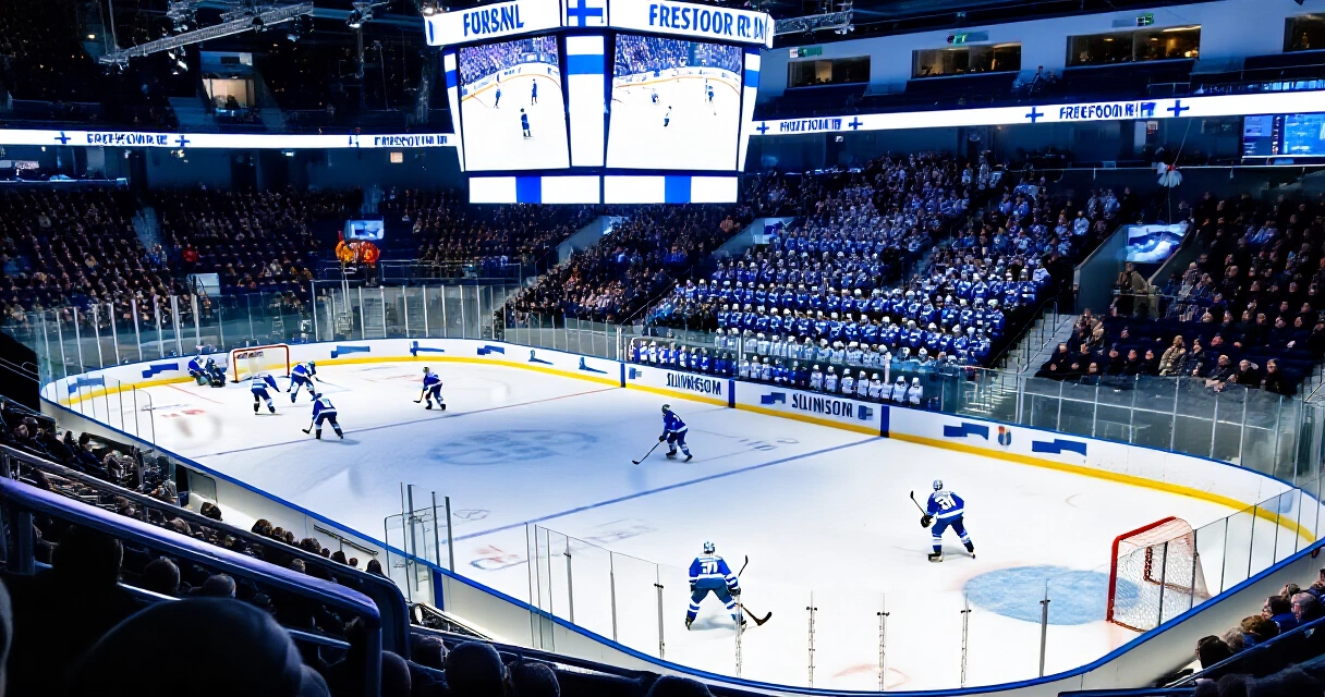 Jääkiekon Liiga-ottelu täydessä jäähallissa Suomessa, katsomo täynnä katsojia