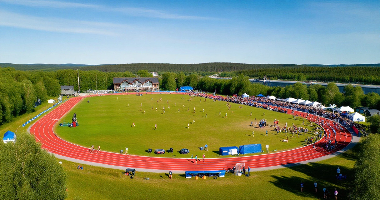 Urheilutapahtuma ulkona Suomessa, katsojia ja urheilijoita radalla
